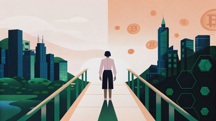 Person standing on a bridge between traditional finance and cryptocurrency, future of finance, bridge to the future, crypto adoption, digital currency