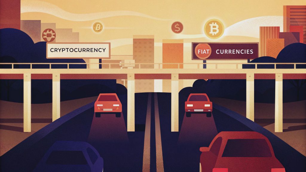 Cryptocurrency exiting the highway, off-ramp from crypto, crypto to fiat, digital currency