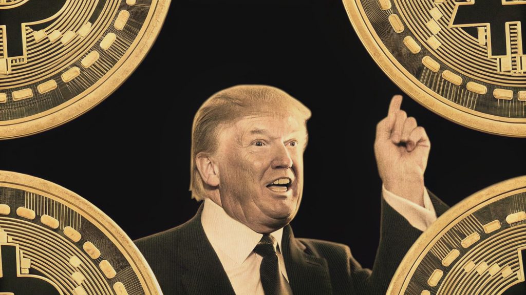 Golden cryptocurrency coin featuring Trump's profile with digital network background, symbolizing presidential digital currency