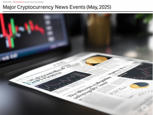 Newspaper with headline "Major Cryptocurrency News Events (May, 2025)" highlighting key crypto news for a blog feature image.