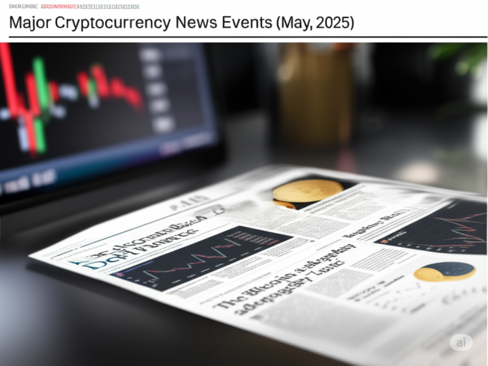 Newspaper with headline "Major Cryptocurrency News Events (May, 2025)" highlighting key crypto news for a blog feature image.