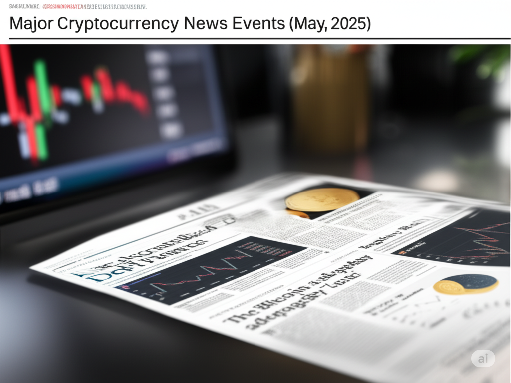 Newspaper with headline "Major Cryptocurrency News Events (May, 2025)" highlighting key crypto news for a blog feature image.