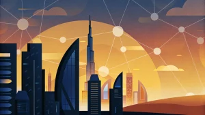 Dubai's skyline transformed by Web3 technology, showcasing the city's vision as a global blockchain and cryptocurrency hub