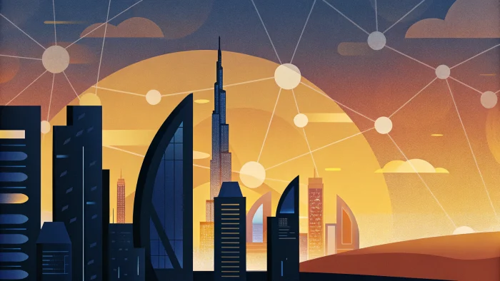 Dubai's skyline transformed by Web3 technology, showcasing the city's vision as a global blockchain and cryptocurrency hub