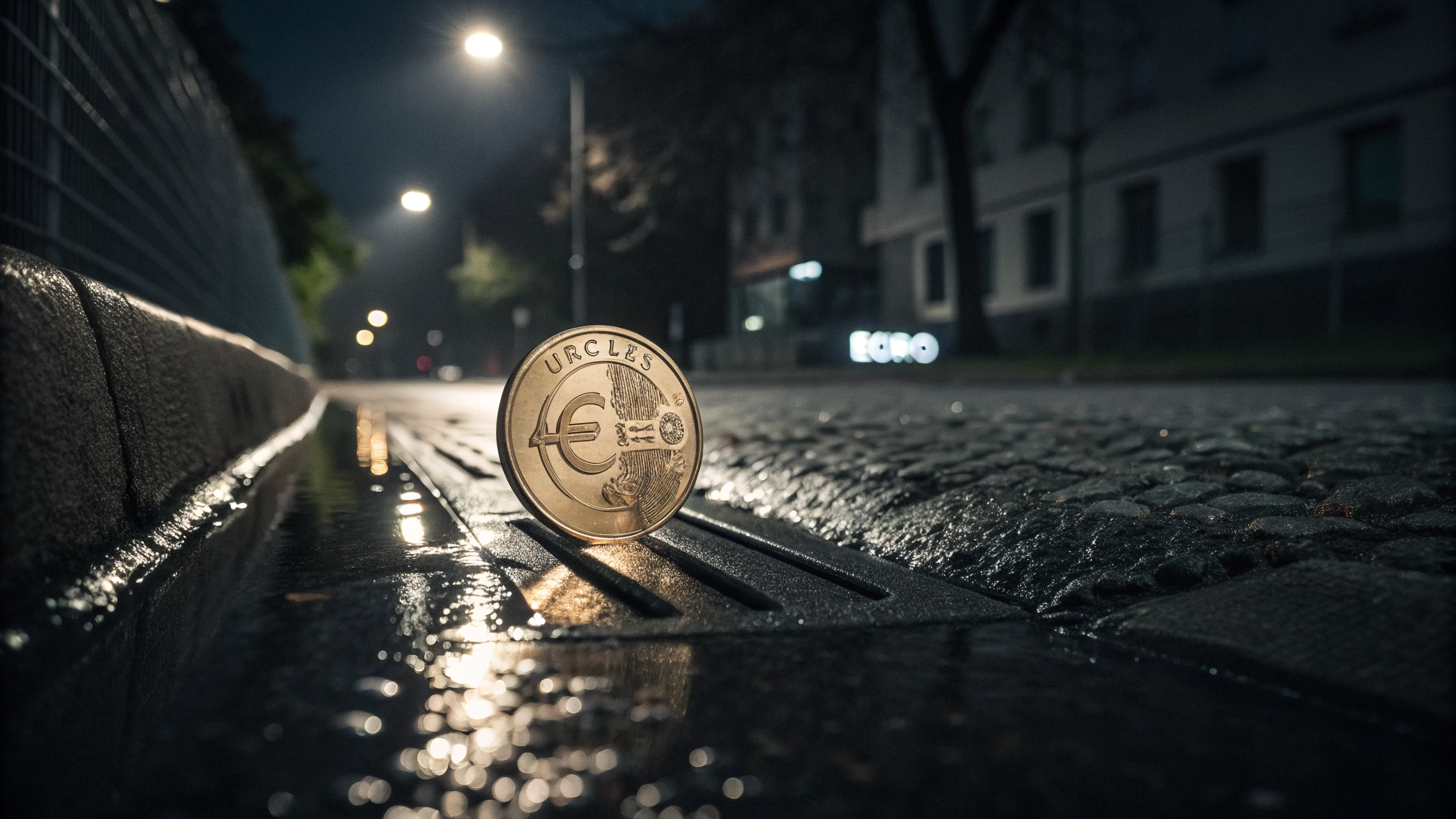 A Circles coin rolling into a drain on a Berlin street, symbolizing the economic failure and fiat gravity that plagued the pilot program.