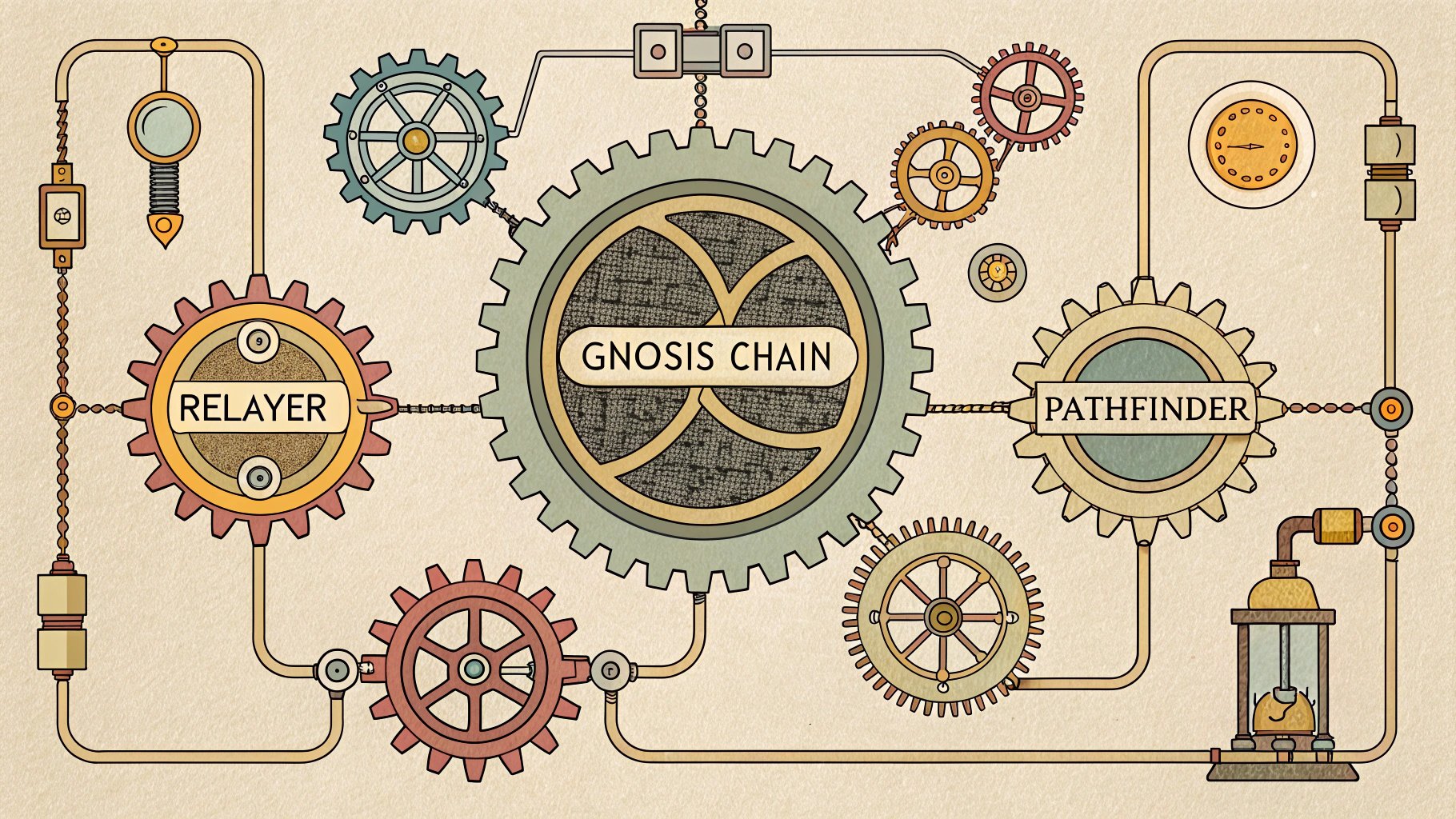 Illustration of the Circles V1 protocol, showing a central blockchain connected to various complex off-chain services, highlighting its architectural challenges.