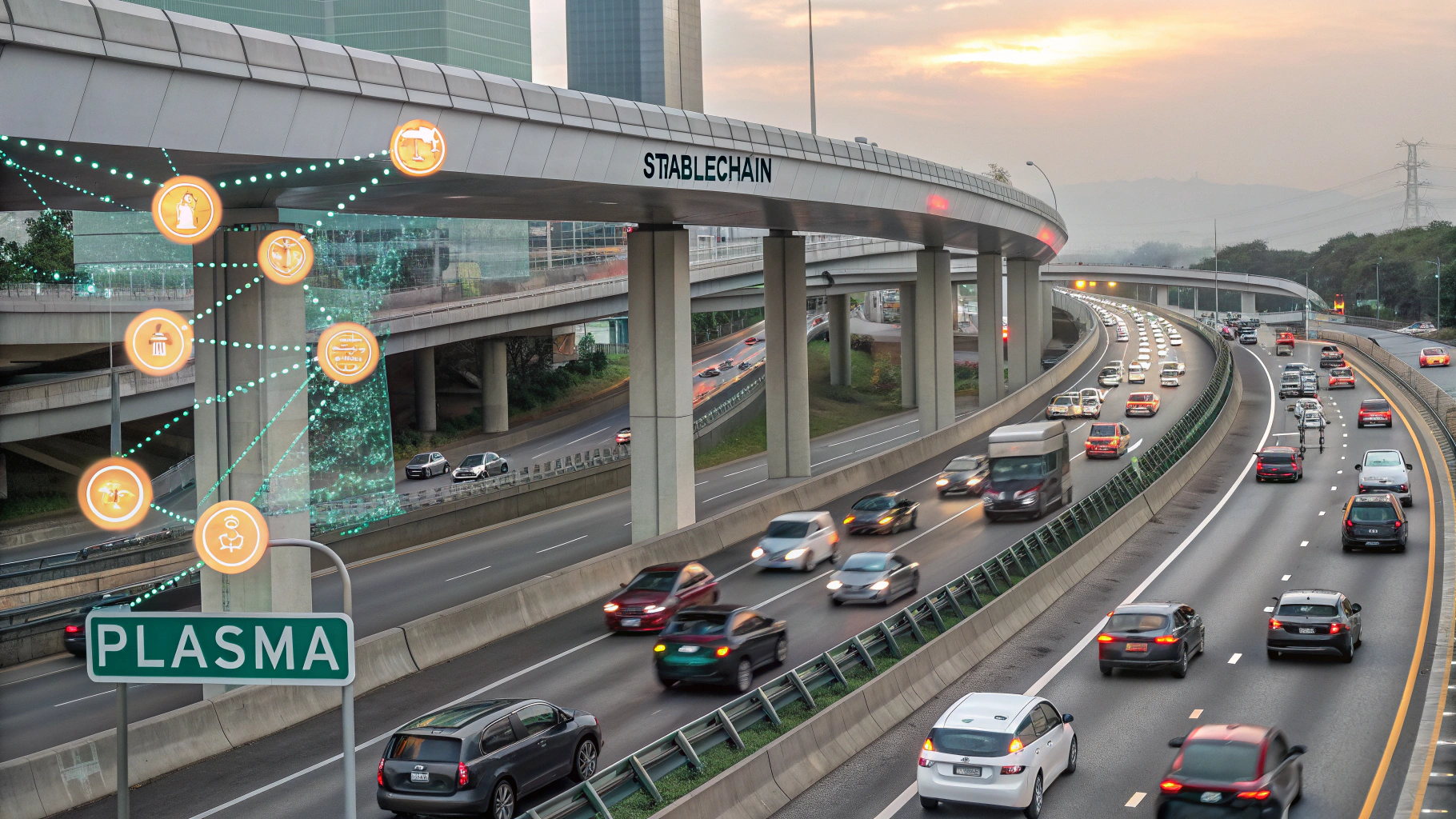 An illustration showing how a 'stablechain' like the Plasma blockchain solves the stablecoin settlement problem of high transaction fees and network congestion on other blockchains.