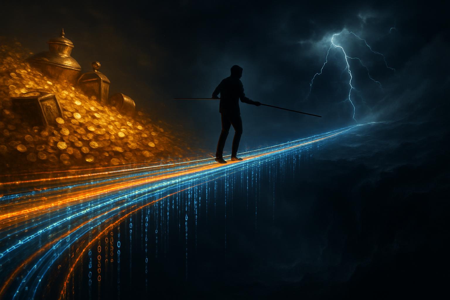 A visual metaphor for the strategic outlook of the Plasma blockchain, showing the high-risk, high-reward nature of the investment and its dependency on Tether.