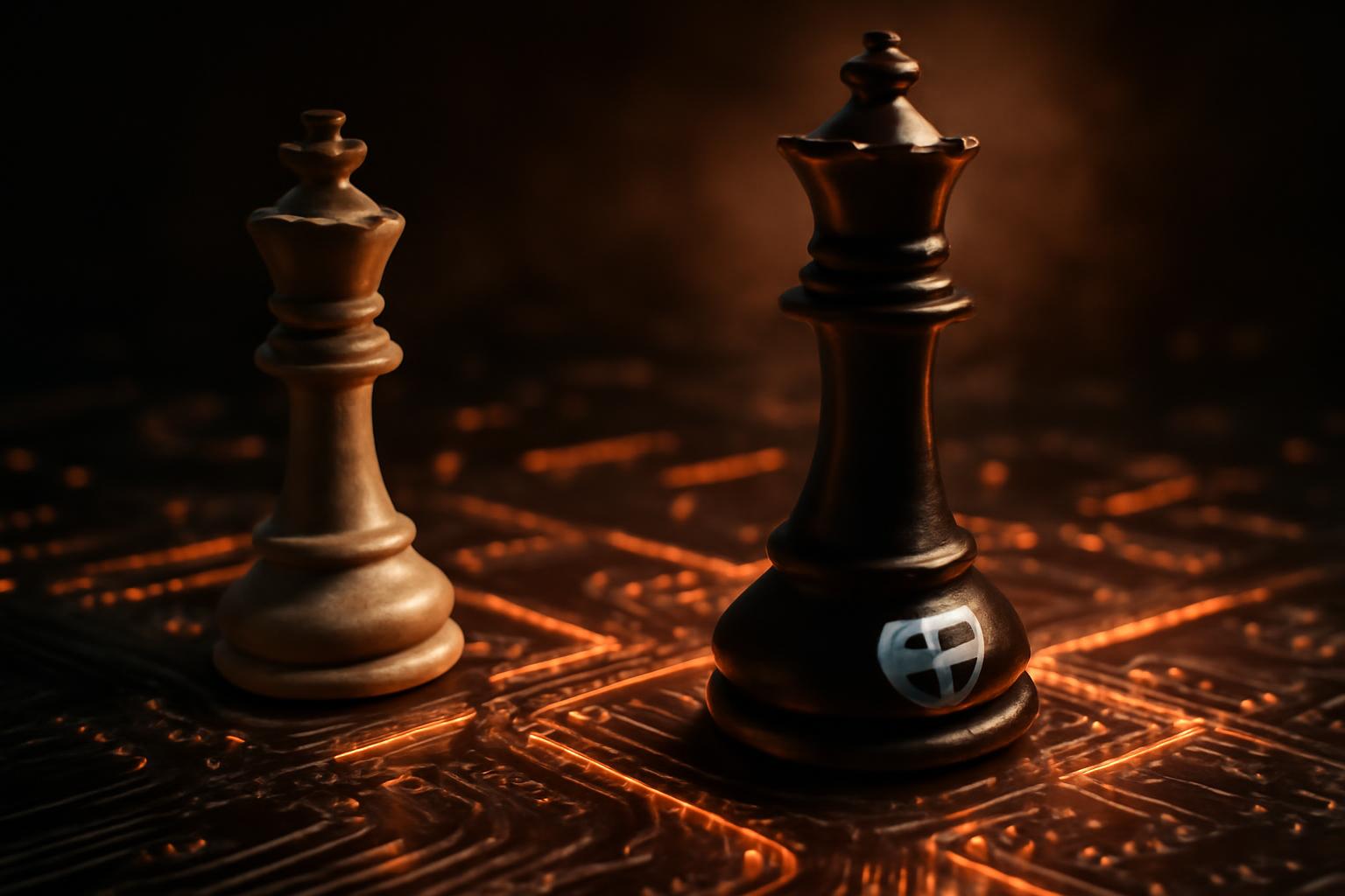A strategic chess match symbolizing the battle between the Plasma blockchain and incumbent networks like Tron for stablecoin dominance, highlighting Tether's vertical integration strategy.