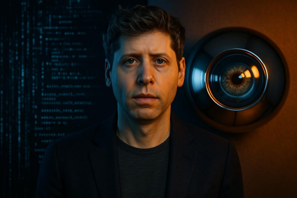 Sam Altman balancing dual roles at OpenAI and Worldcoin, illustrating the paradox of creating AI that blurs human identity while developing biometric verification solutions