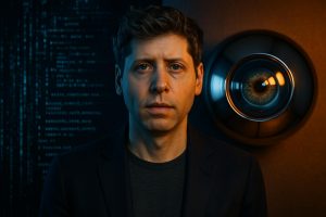 Sam Altman balancing dual roles at OpenAI and Worldcoin, illustrating the paradox of creating AI that blurs human identity while developing biometric verification solutions