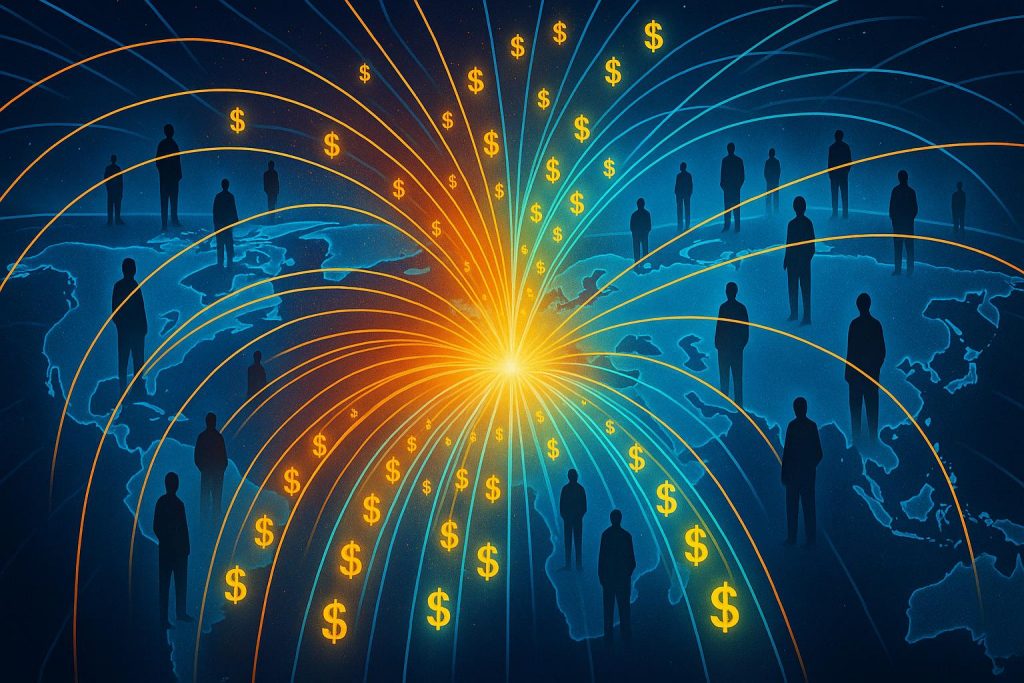 A digital network visualizing how Web3 technology is creating a new model for Universal Basic Income (UBI) on a global scale.