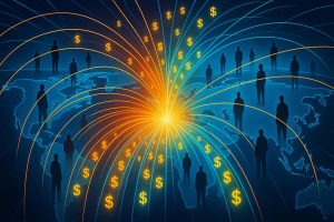 A digital network visualizing how Web3 technology is creating a new model for Universal Basic Income (UBI) on a global scale.