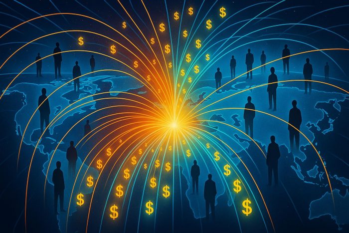 A digital network visualizing how Web3 technology is creating a new model for Universal Basic Income (UBI) on a global scale.