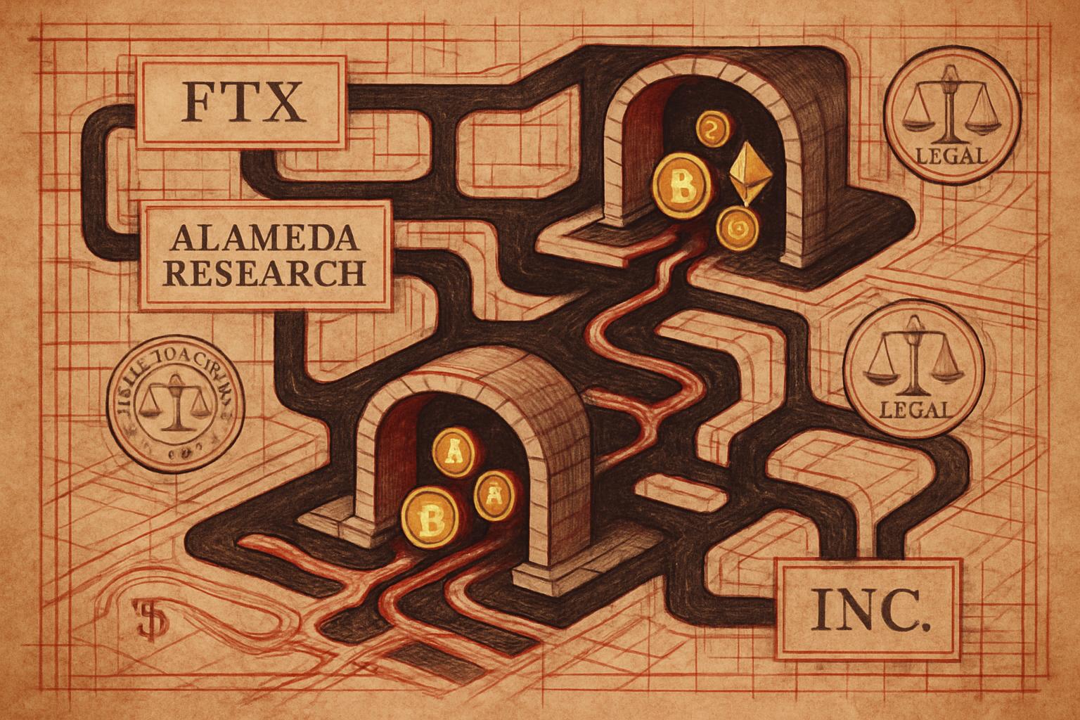Corporate fraud blueprint showing complex legal structures in FTX cryptocurrency scandal