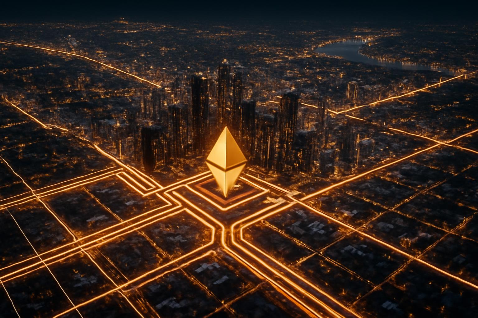 A futuristic city powered by Ethereum, representing its role as a global settlement layer with widespread utility and corporate adoption in 2025.