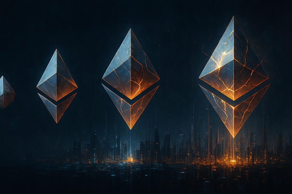 showing the ten-year evolution of the Ethereum blockchain, from a simple concept to a complex global financial settlement layer.