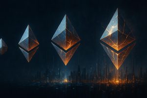 showing the ten-year evolution of the Ethereum blockchain, from a simple concept to a complex global financial settlement layer.