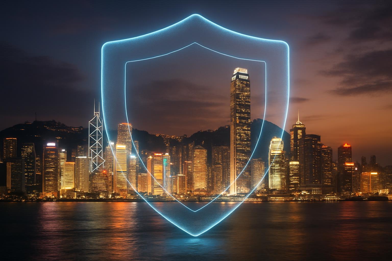 The Hong Kong skyline protected by a glowing shield, representing the "Twin Peaks" regulatory framework for virtual asset service providers (VASPs).