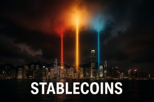 Three beams of light converging on the Hong Kong skyline, symbolizing the geopolitical, financial, and political drivers of its stringent stablecoin stance.