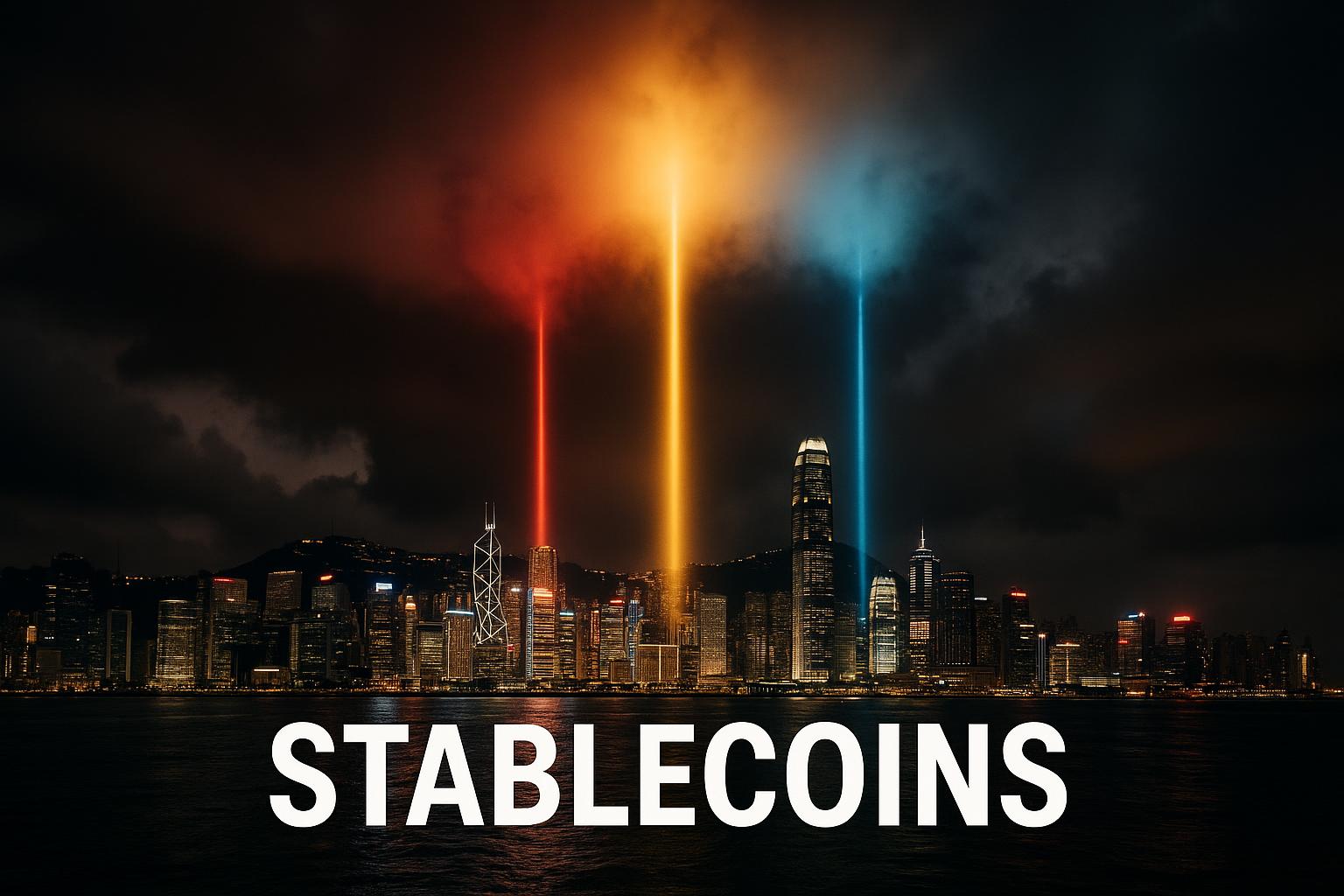 Three beams of light converging on the Hong Kong skyline, symbolizing the geopolitical, financial, and political drivers of its stringent stablecoin stance.