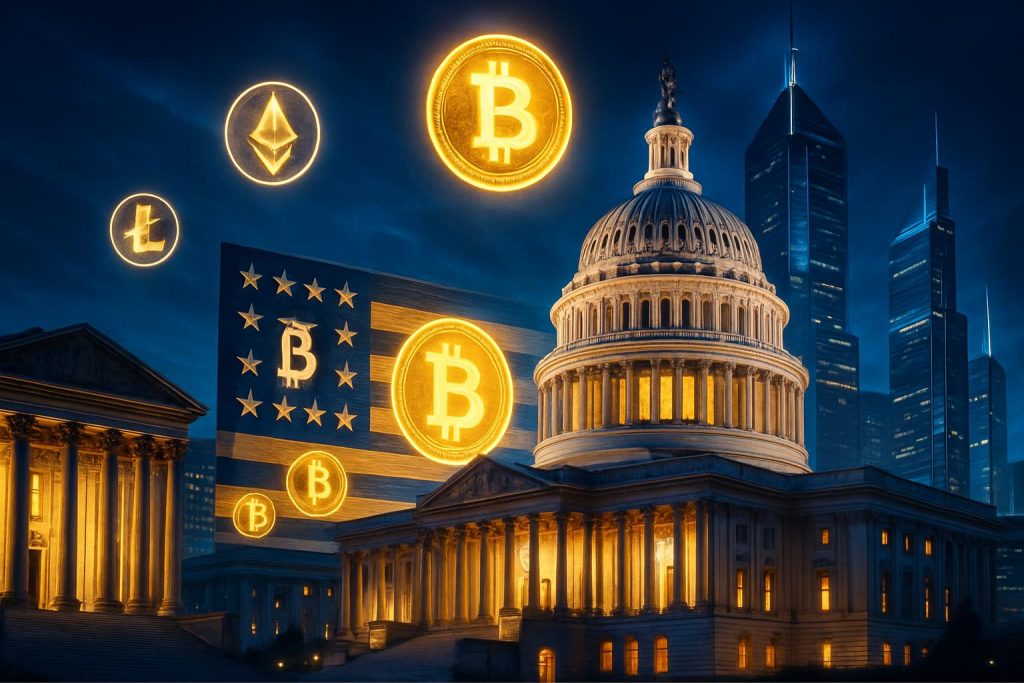 US government digital asset strategy transformation with Bitcoin symbols and American architecture