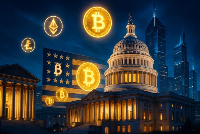 US government digital asset strategy transformation with Bitcoin symbols and American architecture