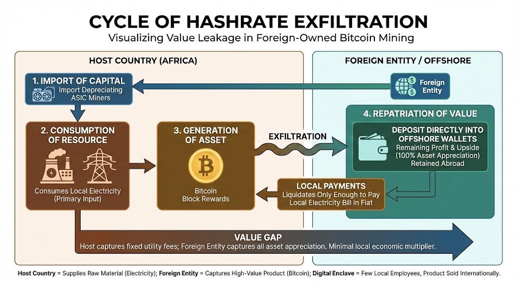 Diagram illustrating the cycle of Hashrate Exfiltration showing capital import, energy consumption, and offshore asset repatriation