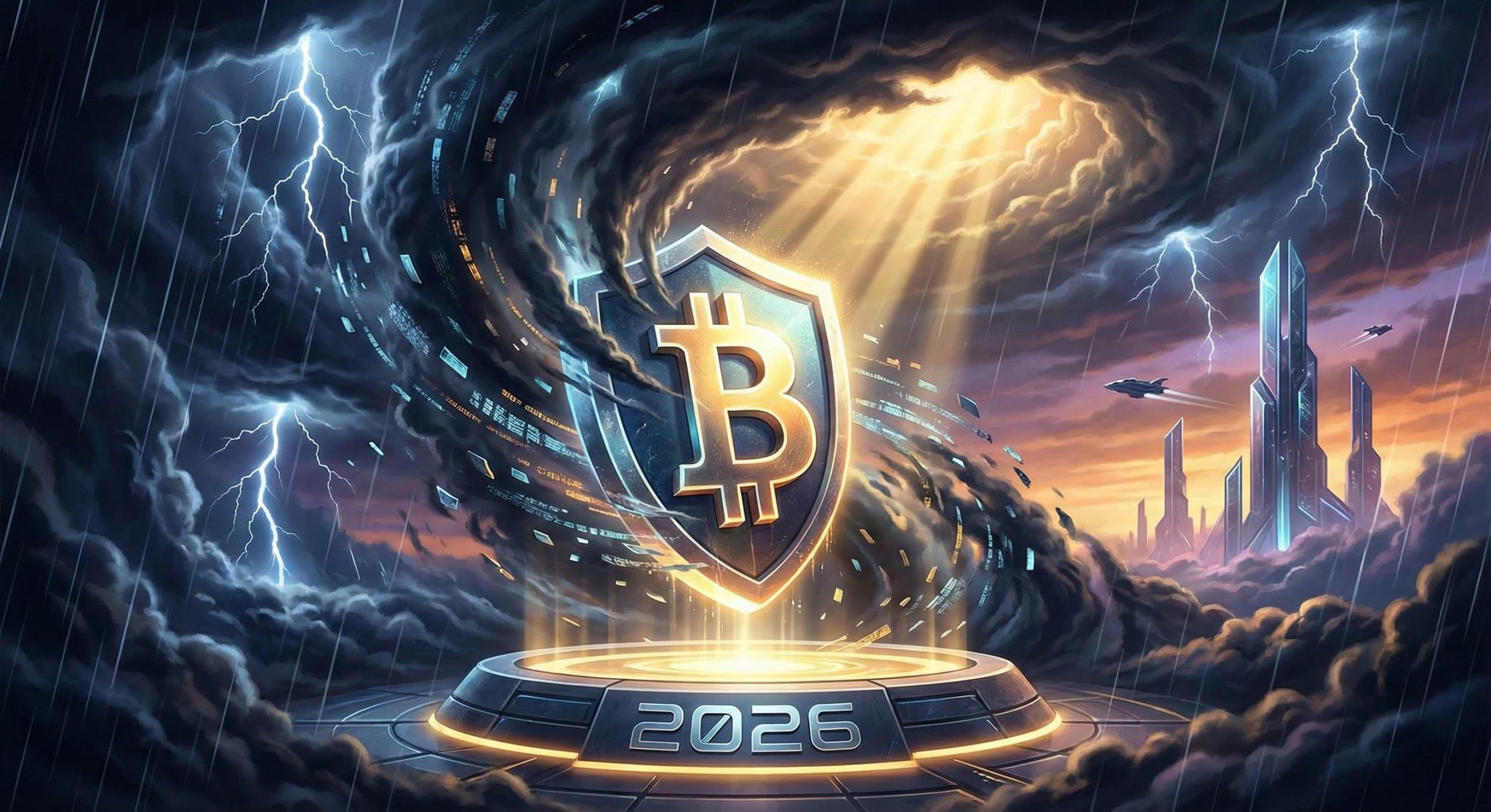 Futuristic concept art of Bitcoin enduring a storm and emerging stronger in 2026