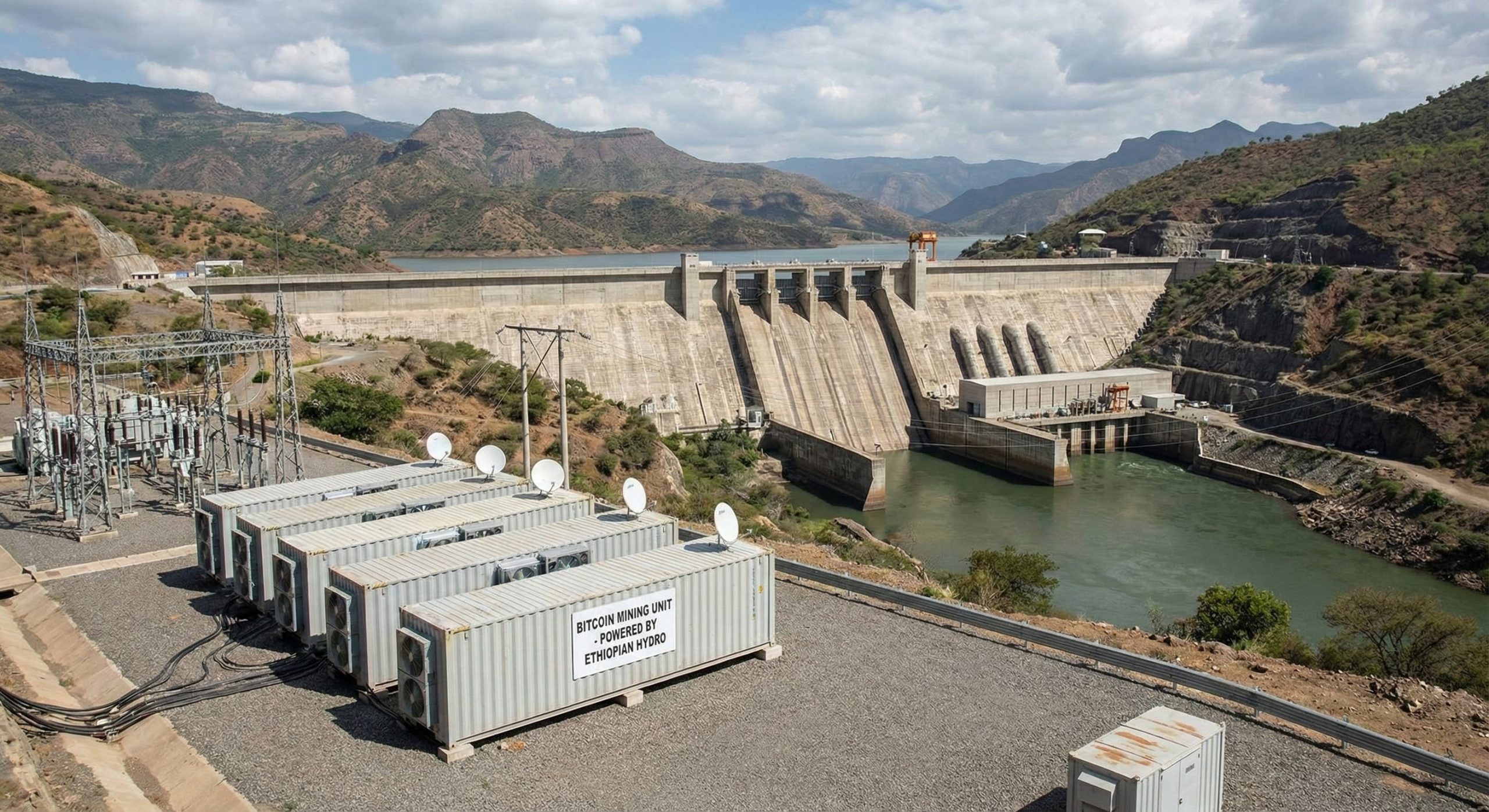 Hydroelectric dam in Ethiopia with Bitcoin mining containers in the foreground illustrating renewable energy usage