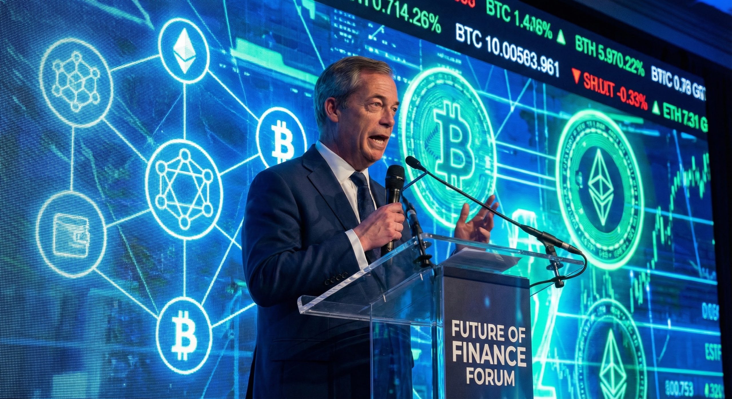 Nigel Farage speaking at a podium with a digital background representing cryptocurrency and finance