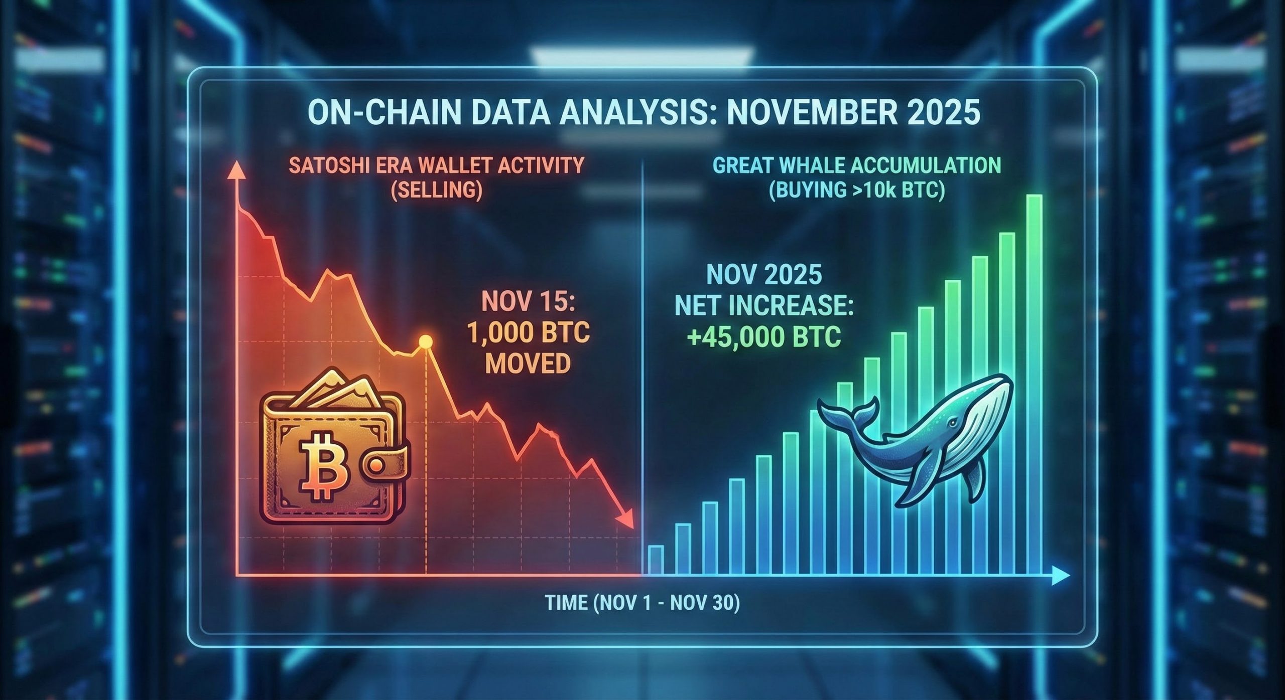 On-chain data chart comparing Satoshi era selling versus Great Whale accumulation in November 2025