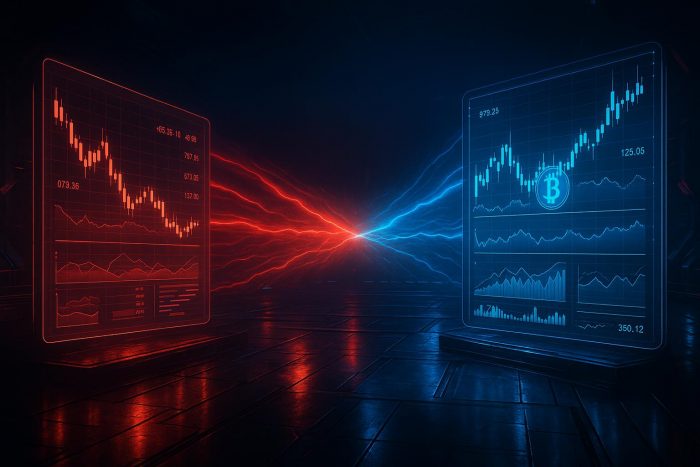 AI trading competition arena with holographic screens showing cryptocurrency market data clash between Eastern and Western models