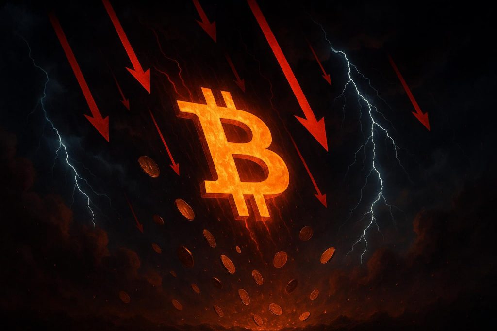 Bitcoin price crash 2025 market volatility visualization showing cryptocurrency plunging through stormy financial landscape