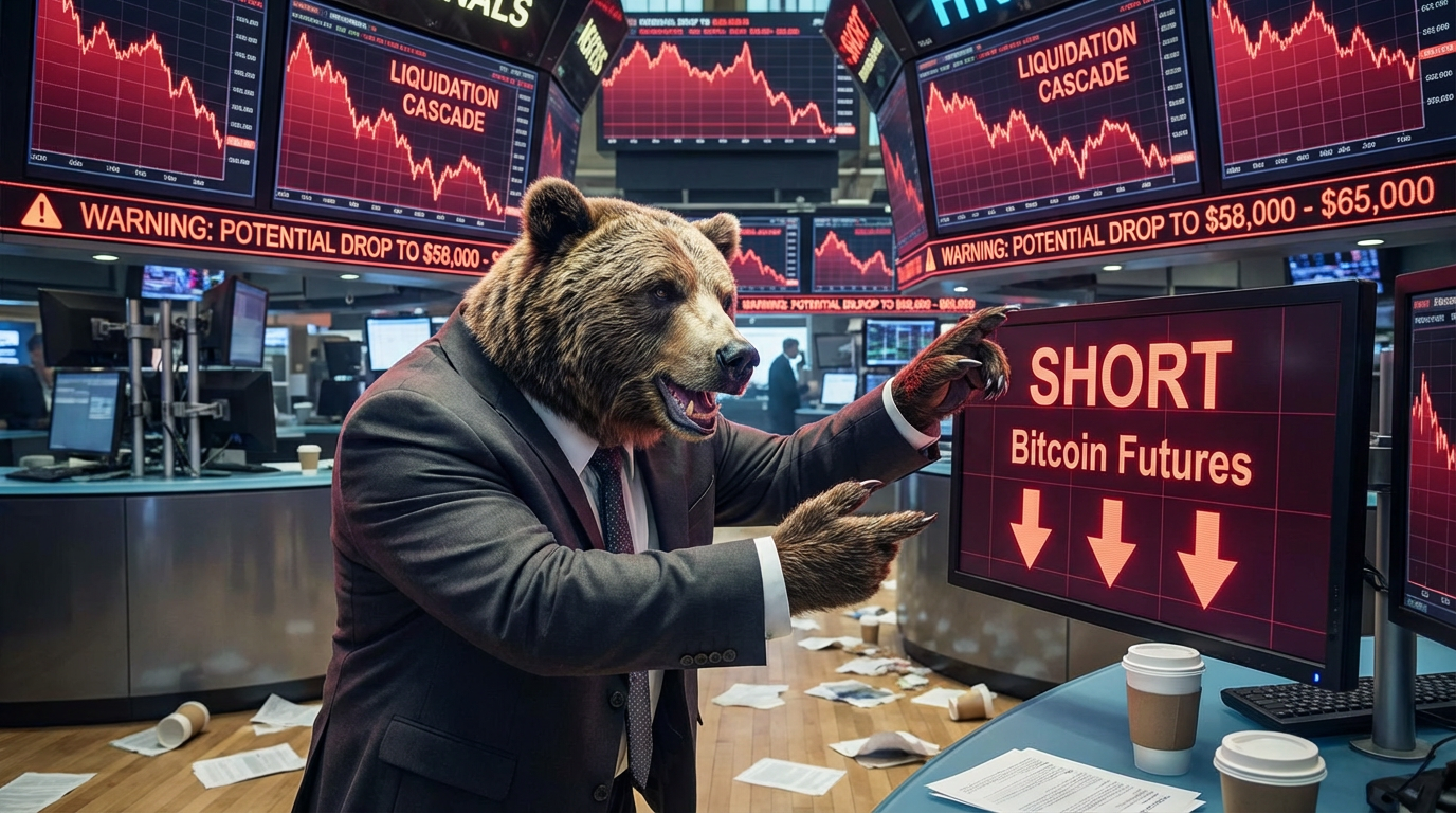 A dramatic scene featuring a grizzly bear in a suit short-selling Bitcoin futures on a trading floor, surrounded by cascading red charts and warning signs showing potential drops to $58,000-$65,000.