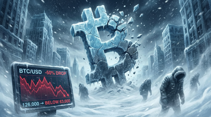 Shows the Bitcoin symbol shattering like ice in a blizzard, with a chart displaying the 50% drop from $126,000 to below $63,000, and investor silhouettes fading into the frozen landscape.