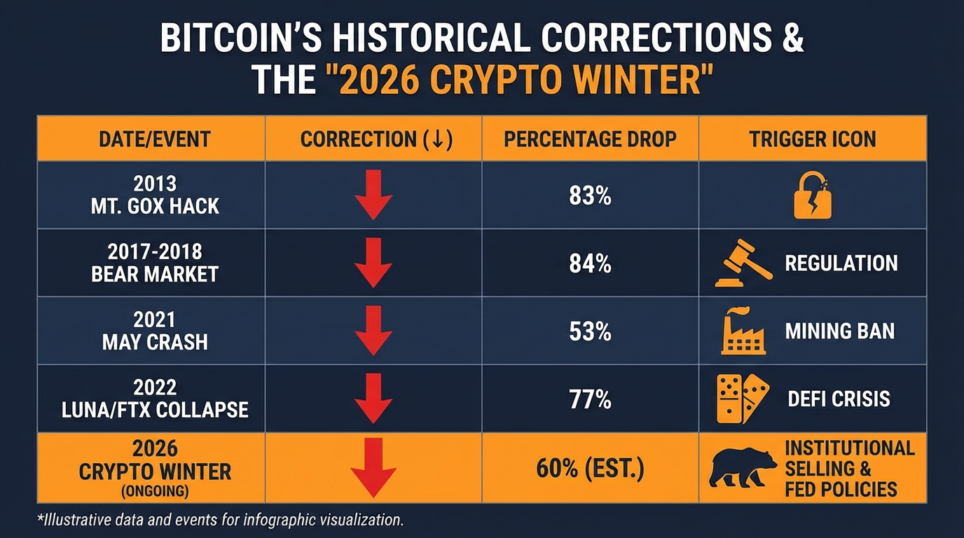 A comprehensive table showing major Bitcoin crashes from 2013 Mt. Gox (83%) through the 2026 crypto winter (60% est.), with trigger icons for each event including Fed policies and institutional selling.