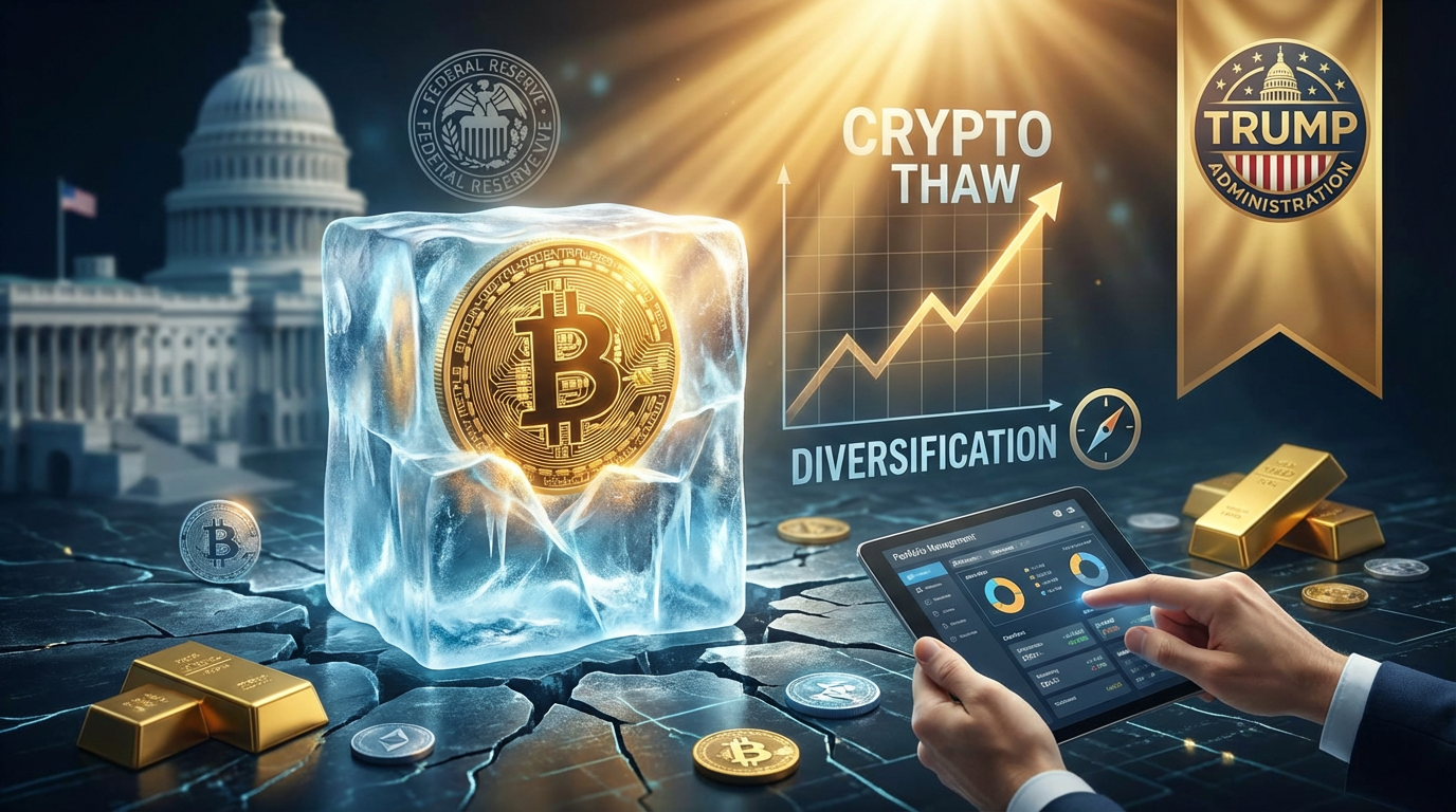 A hopeful forward-looking scene with Bitcoin emerging from melting ice, rays of light symbolizing recovery, gold bars representing diversification, and US Capitol/Fed/Trump administration imagery in the background.