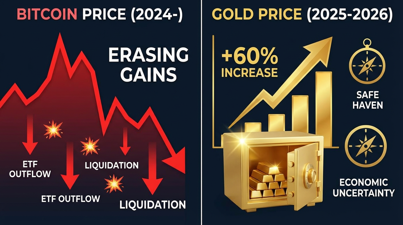A clear split-screen showing Bitcoin's plummeting red graph with ETF outflows and liquidation markers on the left, contrasted with gold's +60% surge shown as rising bars and a vault on the right.