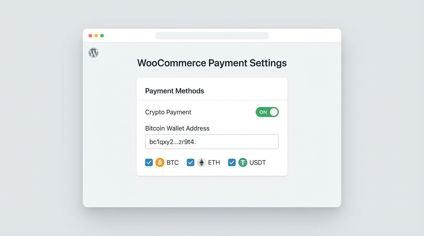 WooCommerce payment settings panel with crypto toggle enabled