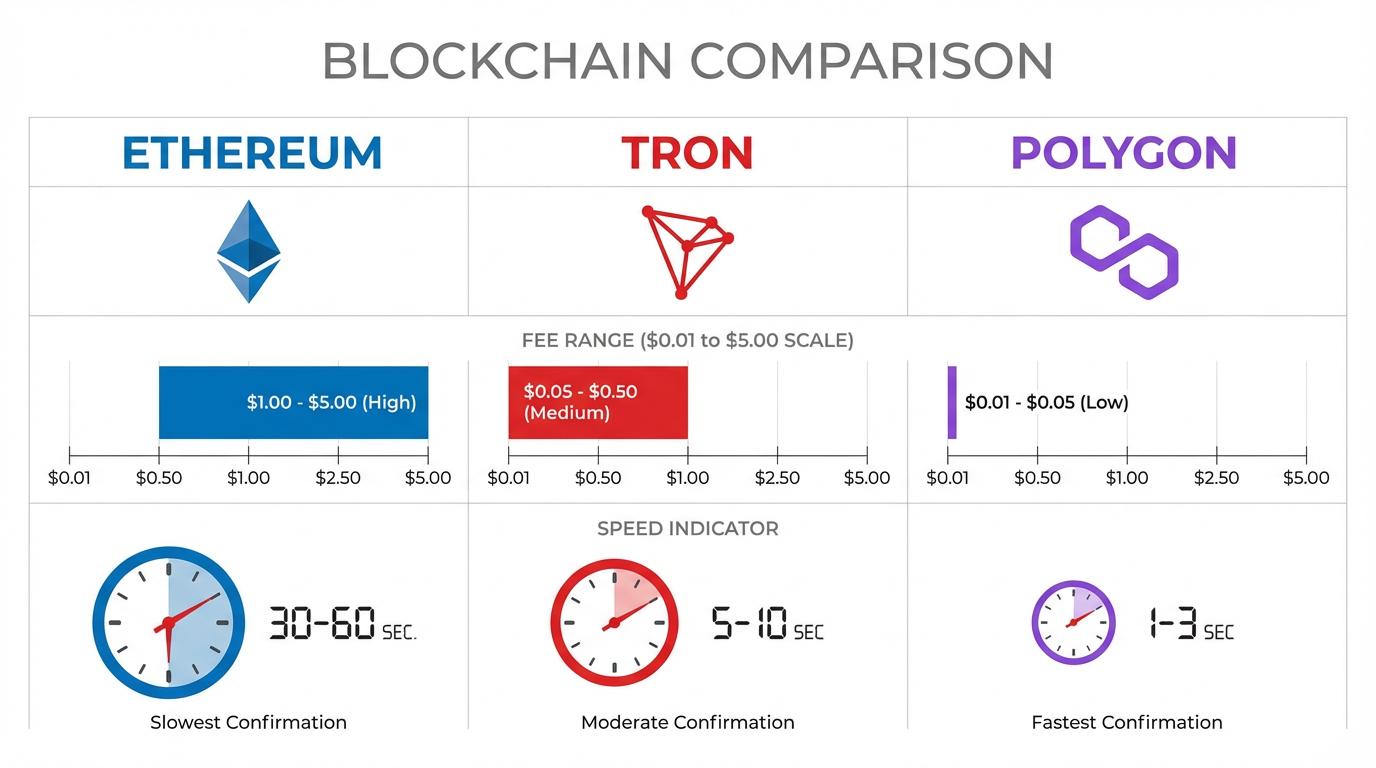 Blockchain network comparison: Ethereum vs Tron vs Polygon fees and speed