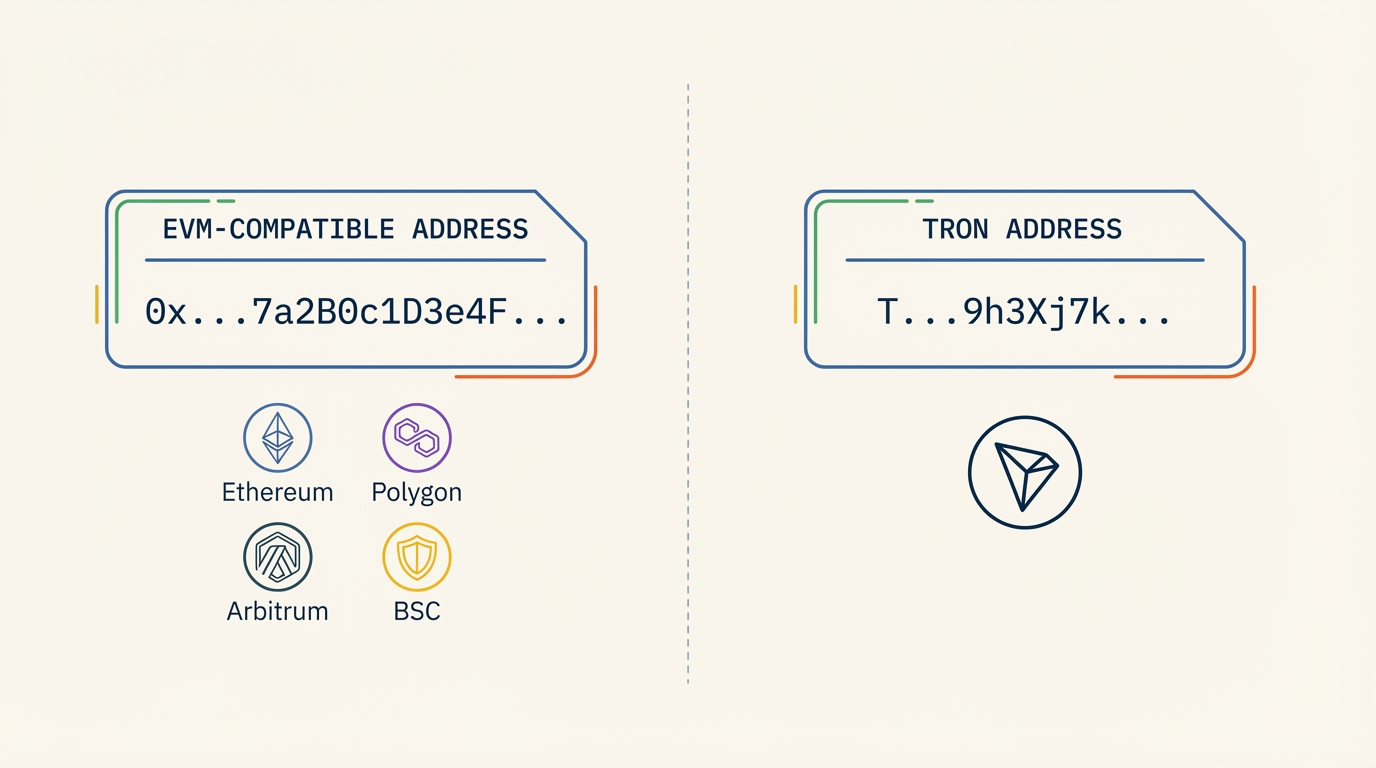 EVM-compatible vs Tron wallet address format comparison