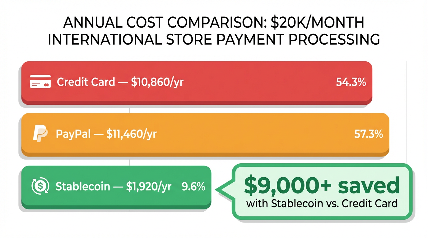 Annual cost comparison: credit card vs PayPal vs stablecoin for international payments