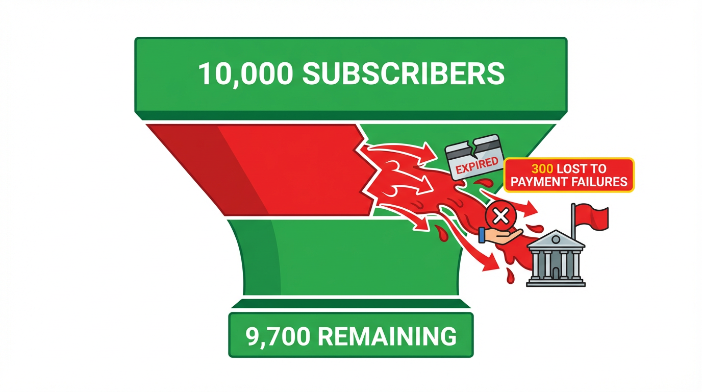 Subscriber funnel showing 300 lost to payment failures from 10,000