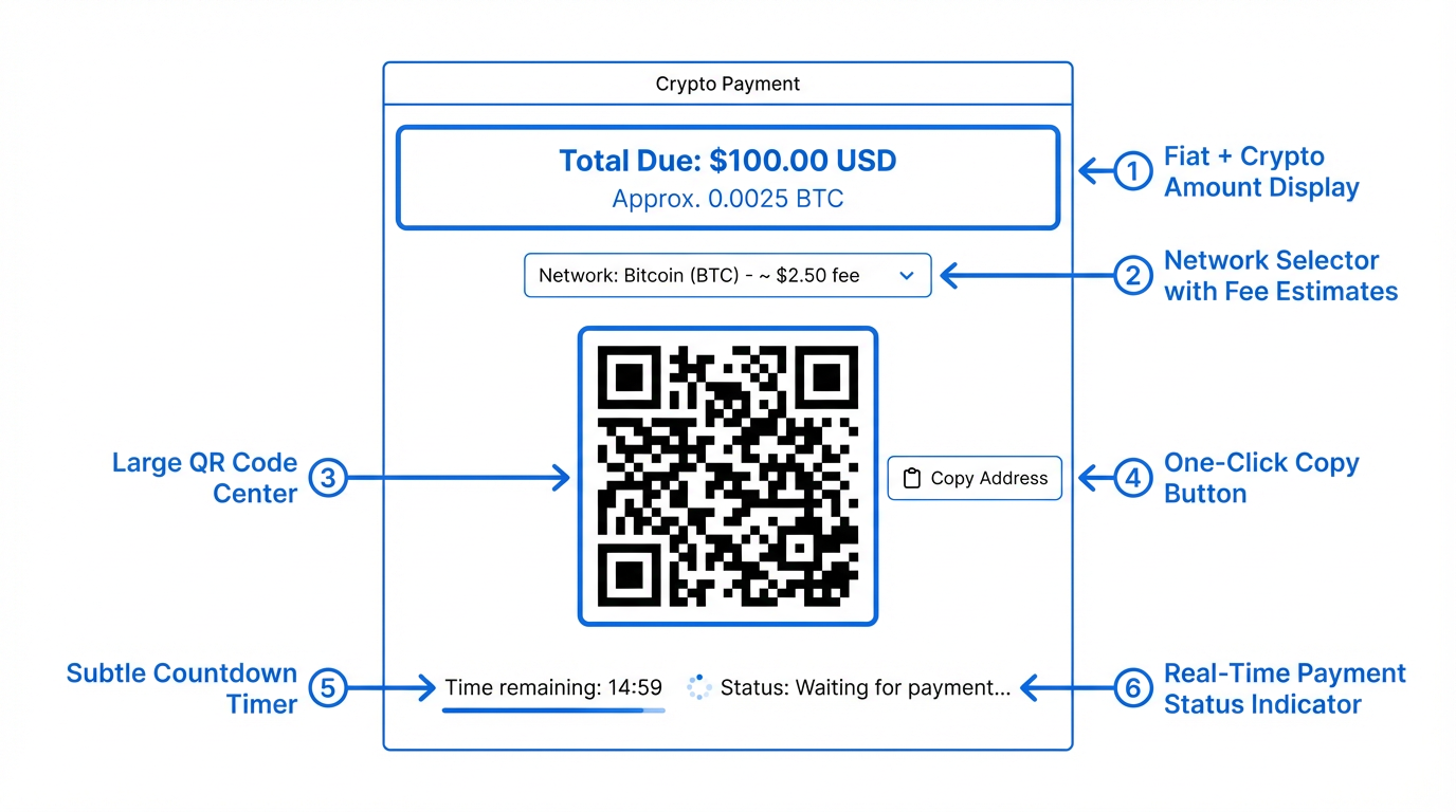 Annotated crypto payment page showing ideal UX elements