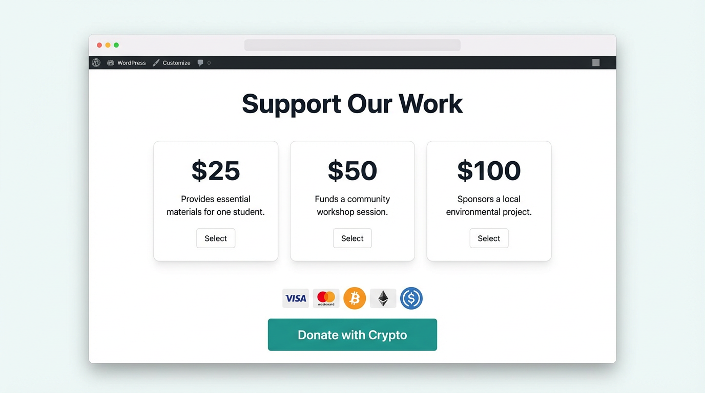 WordPress crypto donation page with preset tiers and Donate with Crypto button