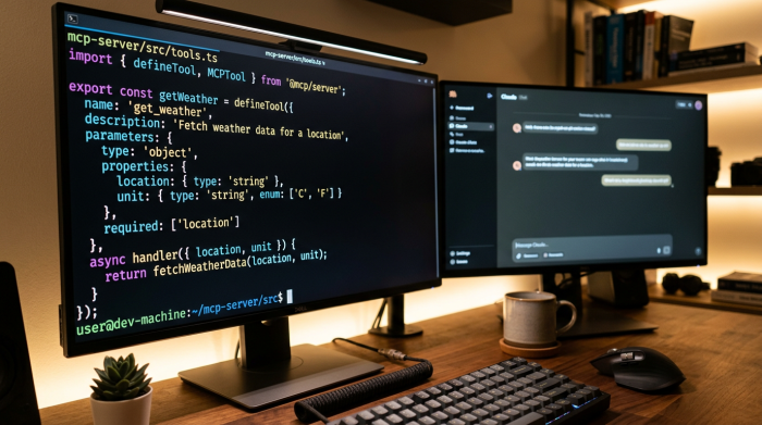 Terminal showing TypeScript MCP server code with Claude chat interface in background