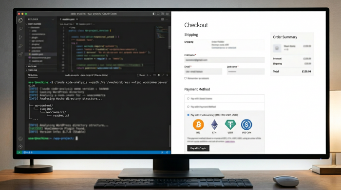 Split screen showing Claude Code terminal analyzing WordPress alongside WooCommerce checkout with crypto payment option