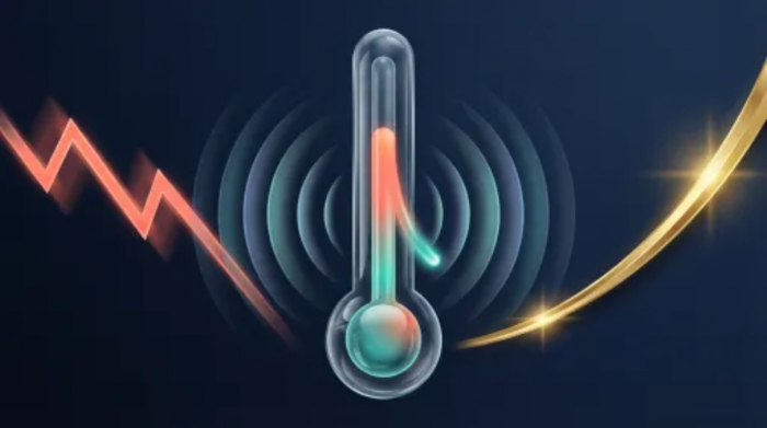 Flat illustration of thermometer with dropping mercury alongside falling coral zigzag and rising gold curve representing fear as liquidity indicator