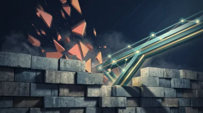 Flat illustration of tariff wall blocks with teal and gold bridge rising through the gap representing rebuilding crypto safe haven case